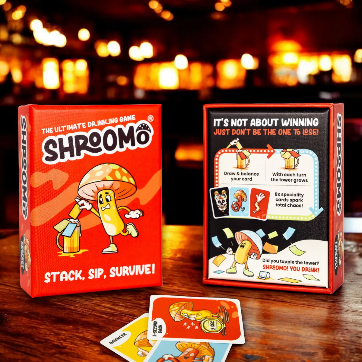 Shroomo box front and back with the 56 game cards fanned out